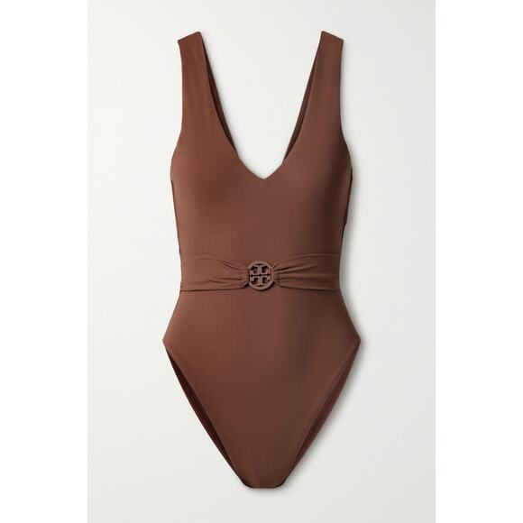 Tory Burch Miller Plunge One Piece Logo Belted Swimsuit - Picture 4 of 10
